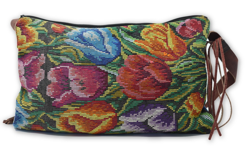 Mayan Arts Guatemalan Woven & Leather Handbags, Bohemian Purse, Antigua Colorful Hand or Shoulder Bag, Huipil Recycled Blouse