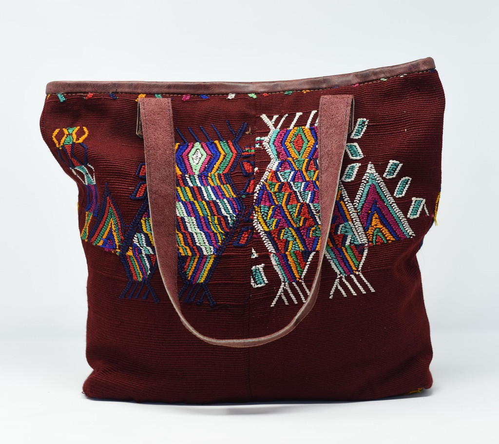 Mayan Arts Huipile & Leather Tote, Embroidered Recycled Ethnic Blouse, Vibrant Cultural Motifs, Handmade Purses from Guatemala Handcrafted in Guatemala