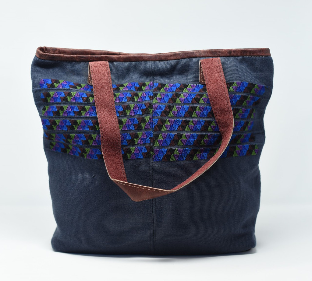 Huipile & Leather Tote, Embroidered Recycled Ethnic Blouse, Gray Blue with pattern embellishments, , Handmade Purses from Guatemala Handcrafted in Guatemala