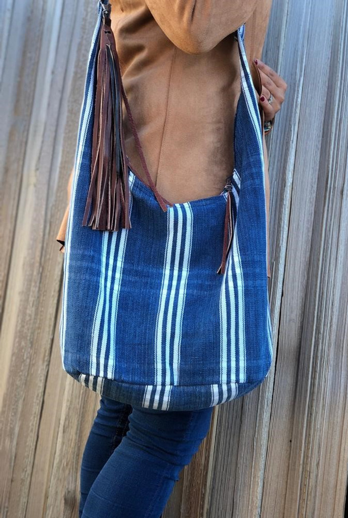 Handmade Purses from Guatemala, Long leather Straps, Blue Color Jean and white stripes, Over the Shoulder, Recycled textile, Handcrafted