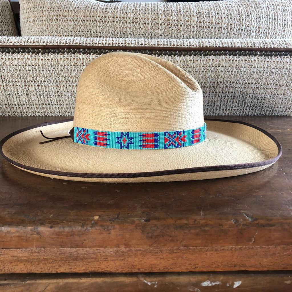 Hat Band, Hatband, Cowboy, Cowgirl, Rodeo Western,  Leather ties, Beaded, Turquoise, red, and blue, Handmade in Guatemala 7/8" X 21"