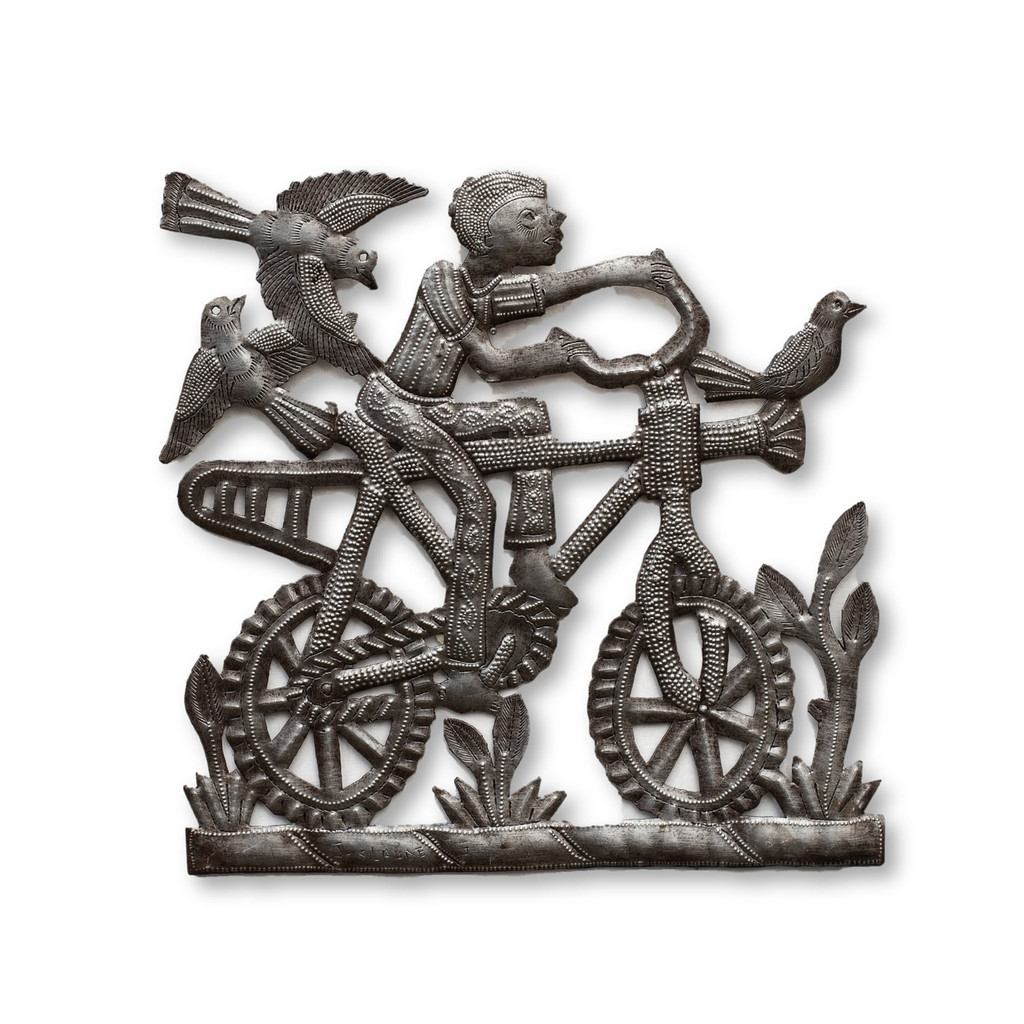 Boy Riding Bike, Birds, Fields, Bicycle, Haiti, Metal Art, One-of-a-Kind, Limited Edition, Sustainable, Eco-Friendly, Fair Trade, Haiti, Haitian