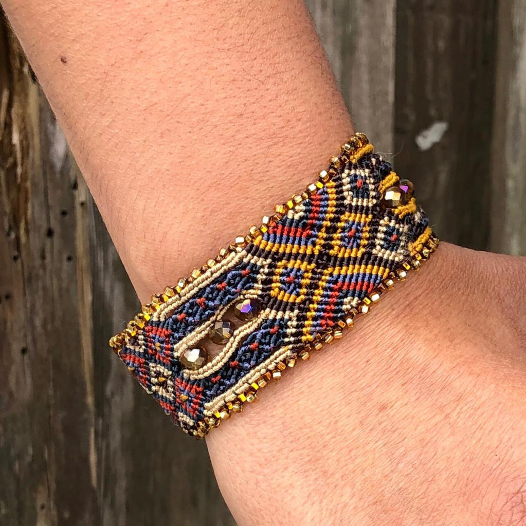 Handmade Bracelet, Mustard Brown, Blue, and red Tones, Beaded, Magnetic Closure, Friendship, Shabby Chic, Boho Look, Gift, Women Fashion, Handmade in Guatemala 1" x 6.75"