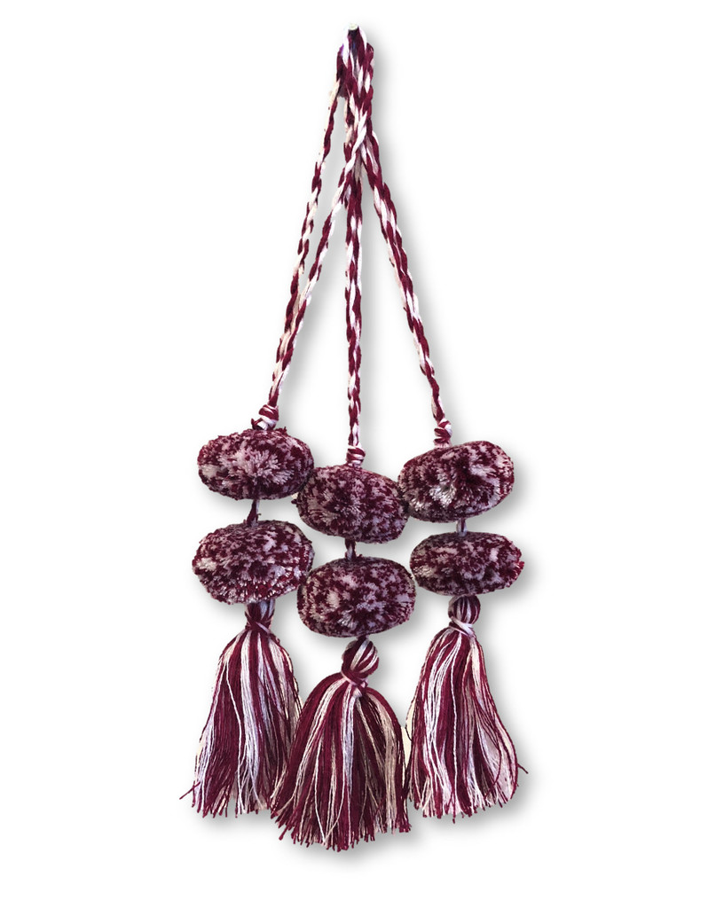 Mayan Arts Pom Pom Tassel, Set of 3, Maroon and White, Charming Small Pom Poms Women's Fashion Hand Bags or Home Accent Decor Accessories, Handmade in Guatemala