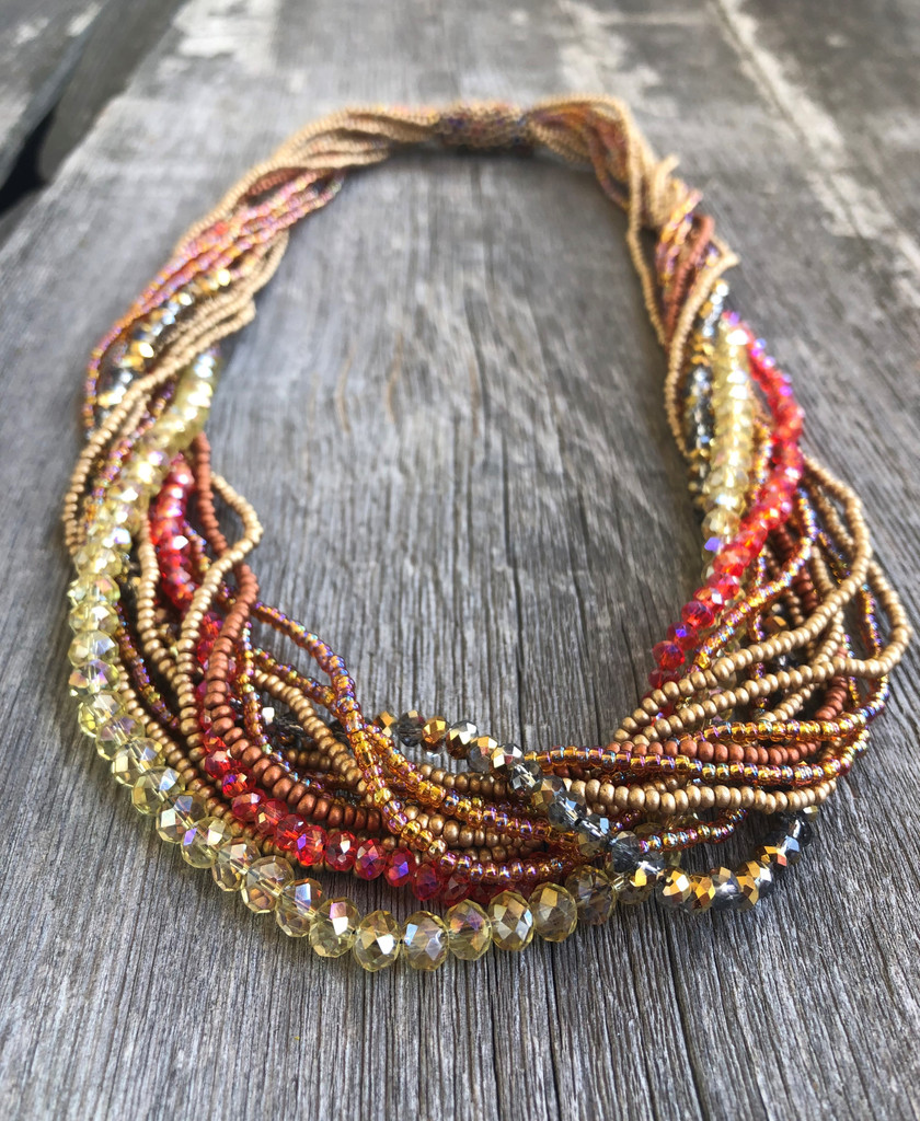 Necklace Gold and Red, Multi Color Sparkly Beads, Handmade Women Necklaces, Jewelry, Magnetic Clasp, 19.5 Inches Long