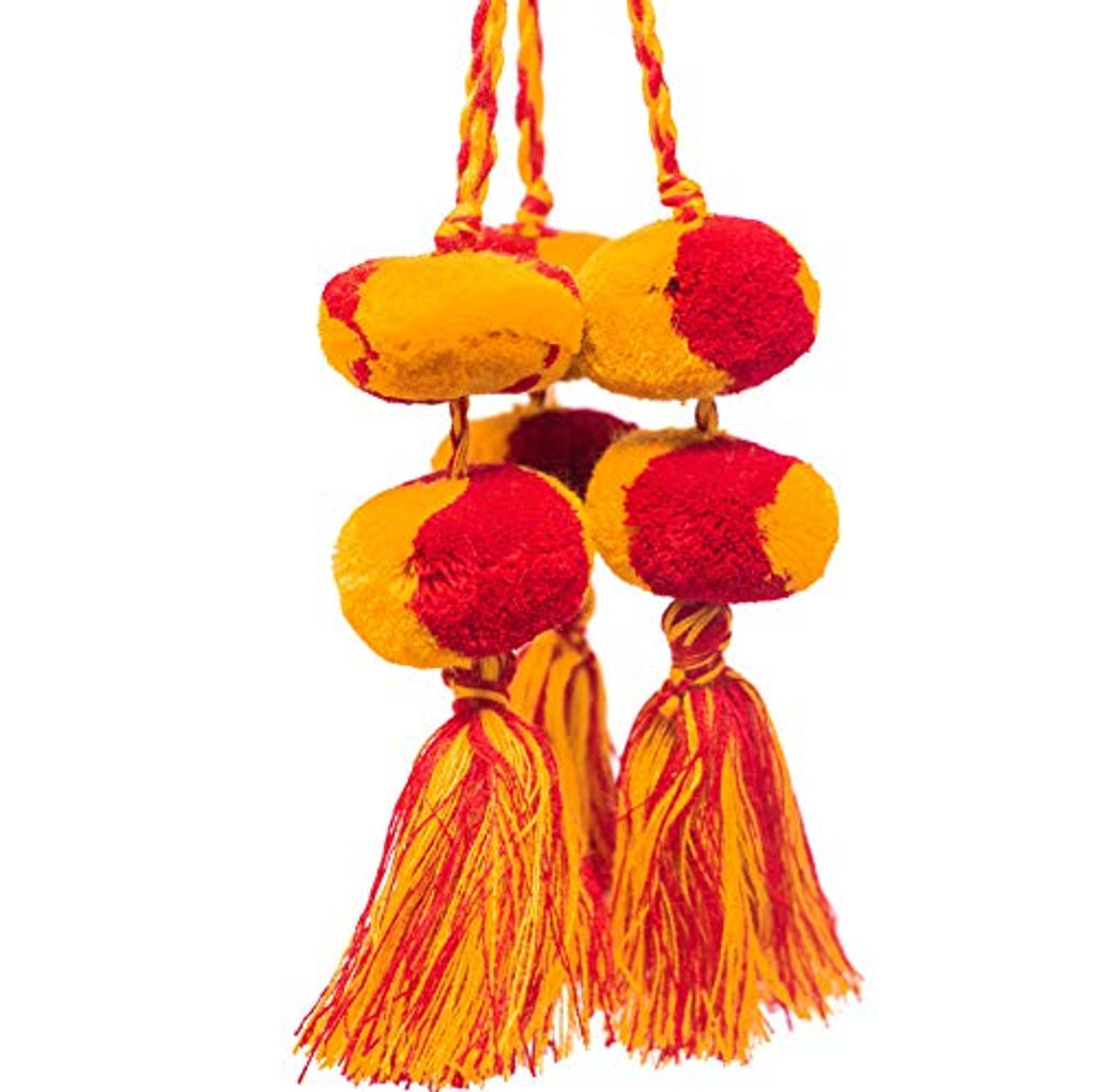 Tassels with Pom Poms, Red and Yellow Marble Design,Team School Colors, Home Decor, Gift Tag, Decorative Small Handmade Pom Poms, Fair Trade Guatemala