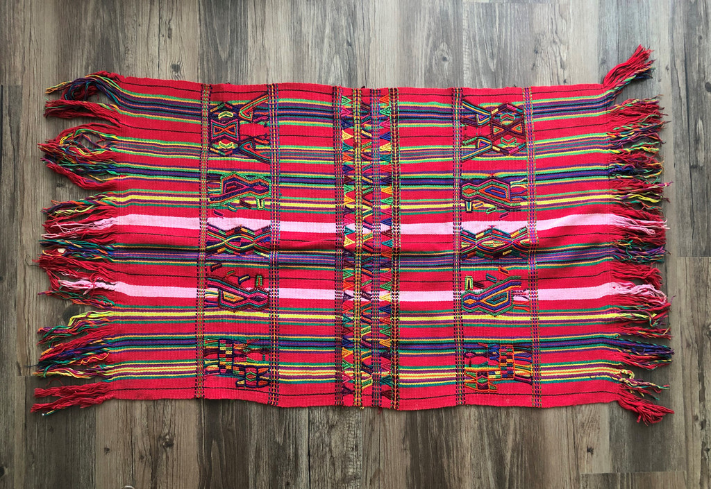 Small Red Handmade Table Cloth, Folk Art Vintage Home Decor, Bird Motifs, Vintage, Textile, Guatemala, Wall Hanging 22 x 42 Inches