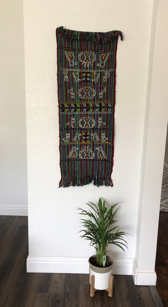 Green and Red Table Cloth,Shawl, or Decorative Wall Hanging, with Bird Motifs, Handwoven in Guatemala, Vintage Textile 15.25 x 46 Inches