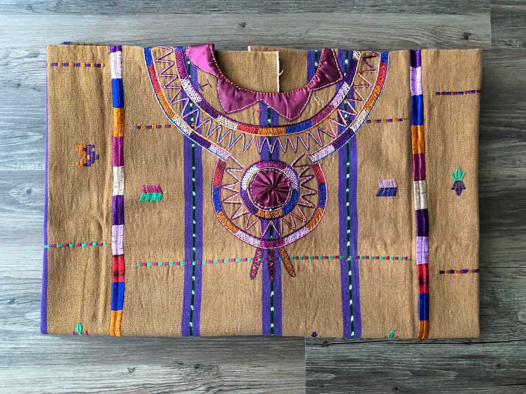 Vintage Guatemalan Huipil, Solola Tzute Hand Woven Textile, Brown Multi colors with Purple Stripes, Eclectic Wall Hanging 53" x 33"