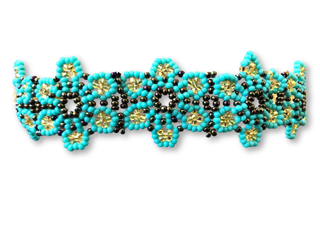 Mayan Beaded Artwork, Daisy Flower Bracelet, Turquoise and Gold, Handmade in Guatemala, Jewelry, Gift Giving, Beads