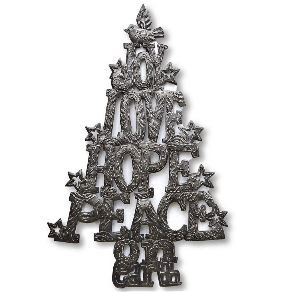 Christmas Tree, Joy, Lope, Hope, and Peace on Earth, Haitian Metal Wall Art, Holiday Decor 10.75 x 16.75 Inches