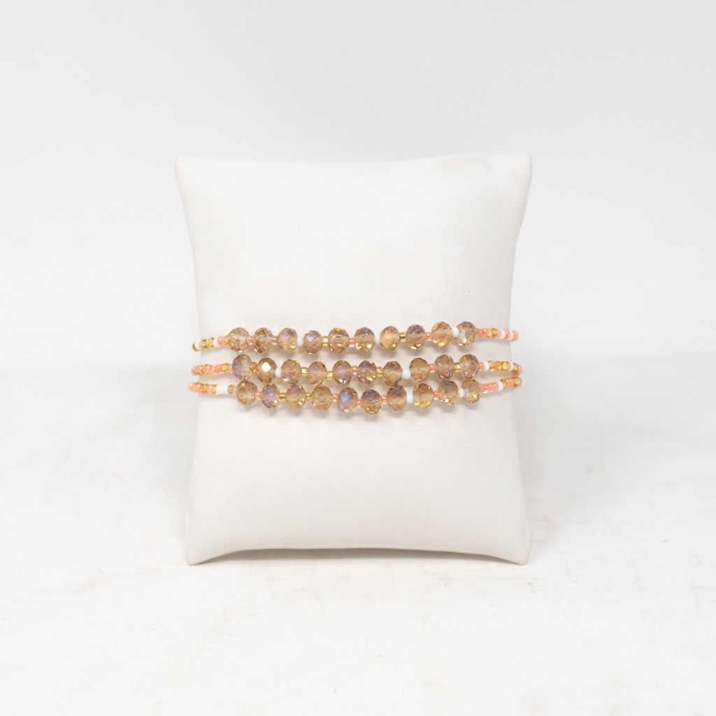 Bracelet Made with Seed Beads, Multi Strand, Peach, White and Gold Multi color Beads, Triple Loop Closure 1 x 8.25 Inches