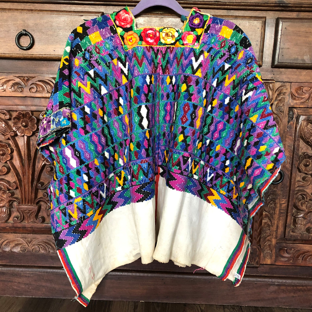 Huipil Hand Woven Blouse from Guatemala, Embroidered Flowers, Multi Color, Authentic Vintage Clothing Handmade, Collection,