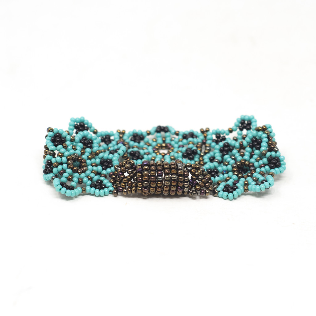 Beaded Mayan Bracelet, Flowers, Turquoise, Black, Gold , and White, Handmade, Magnetic Closure
