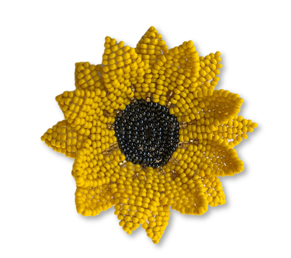 Sunflower Pin, Beaded Charms for Clothes, Hats, and Purses, Remembrance Novelty Jewelry, Busy Bee, Handmade Brooch from Guatemala, Fair Trade, Pink, Yellow, and Orange 2.75 Inches
