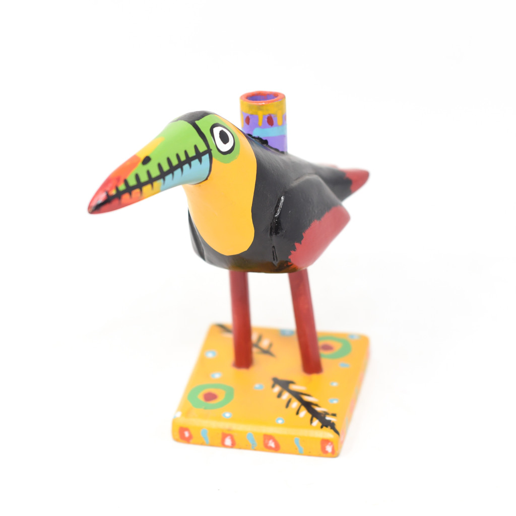 Toucan Candle Holder, Black and Multicolored, Carved Wood, Wooden Art Handcrafted in Guatemala, One-of-a-Kind Art, 12" x 8" x 5.5"