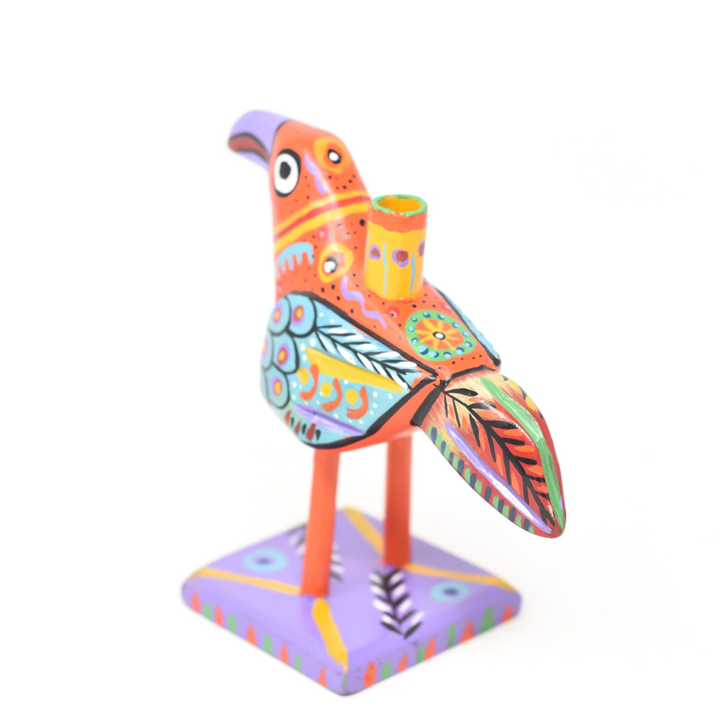 Bird Candle Holder, Colorful, Carved Wood, Wooden Art Handcrafted in Guatemala, One-of-a-Kind Art, 8" x 6.5" x 3.5"