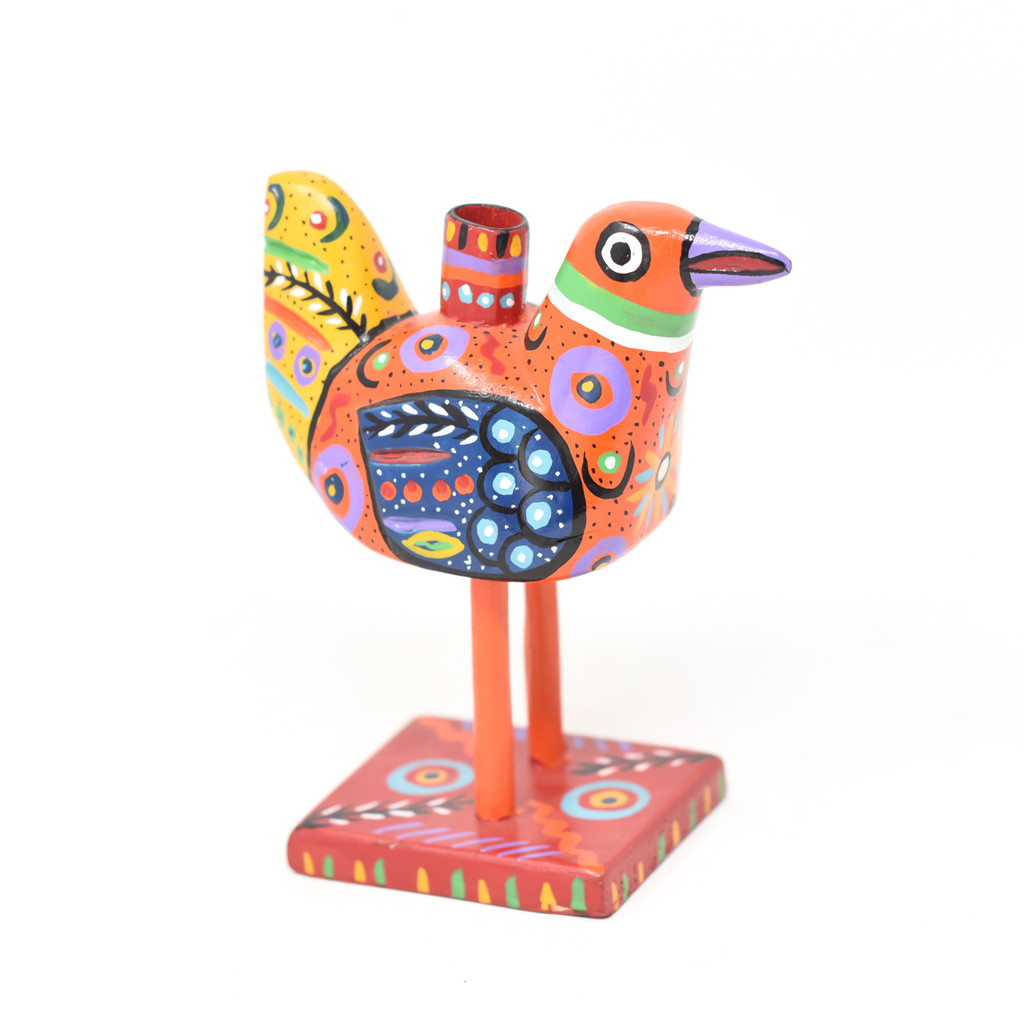 Bird Candle Holder, Colorful, Carved Wood, Wooden Art Handcrafted in Guatemala, One-of-a-Kind Art, 5.5" x 6.5" x 3.5"