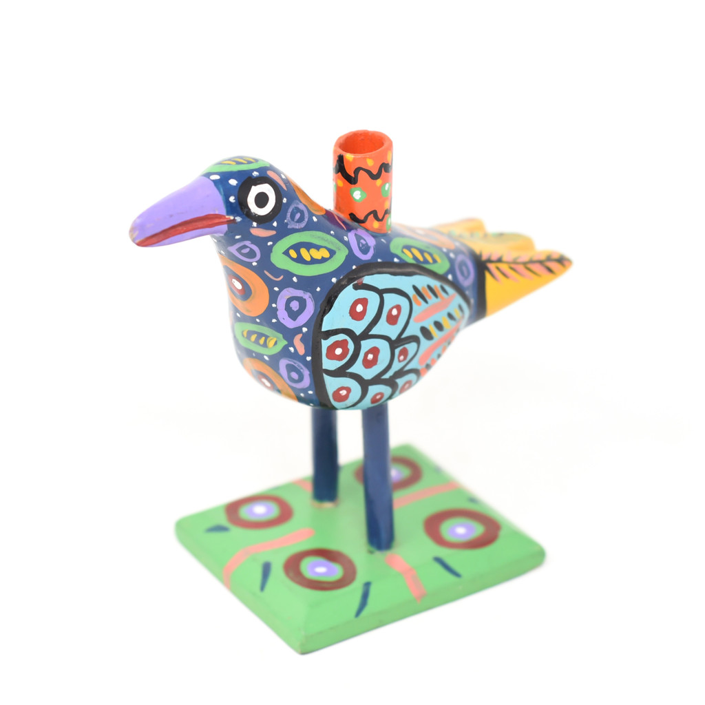 Bird Candle Holder, Colorful, Carved Wood, Wooden Art Handcrafted in Guatemala, One-of-a-Kind Art, 7.5" x 6.5" x 4"