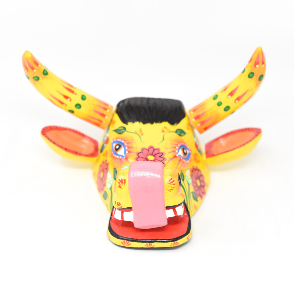 Bull Mask Yellow Floral, Hand Carved in Guatemala, By Artist Rodrigo Canil  10" x 5" x 6"