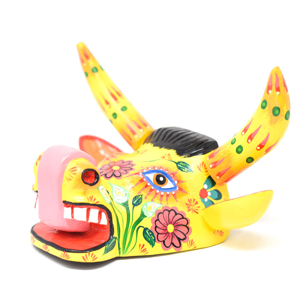 Bull Mask Yellow Floral, Hand Carved in Guatemala, By Artist Rodrigo Canil  10" x 5" x 6"