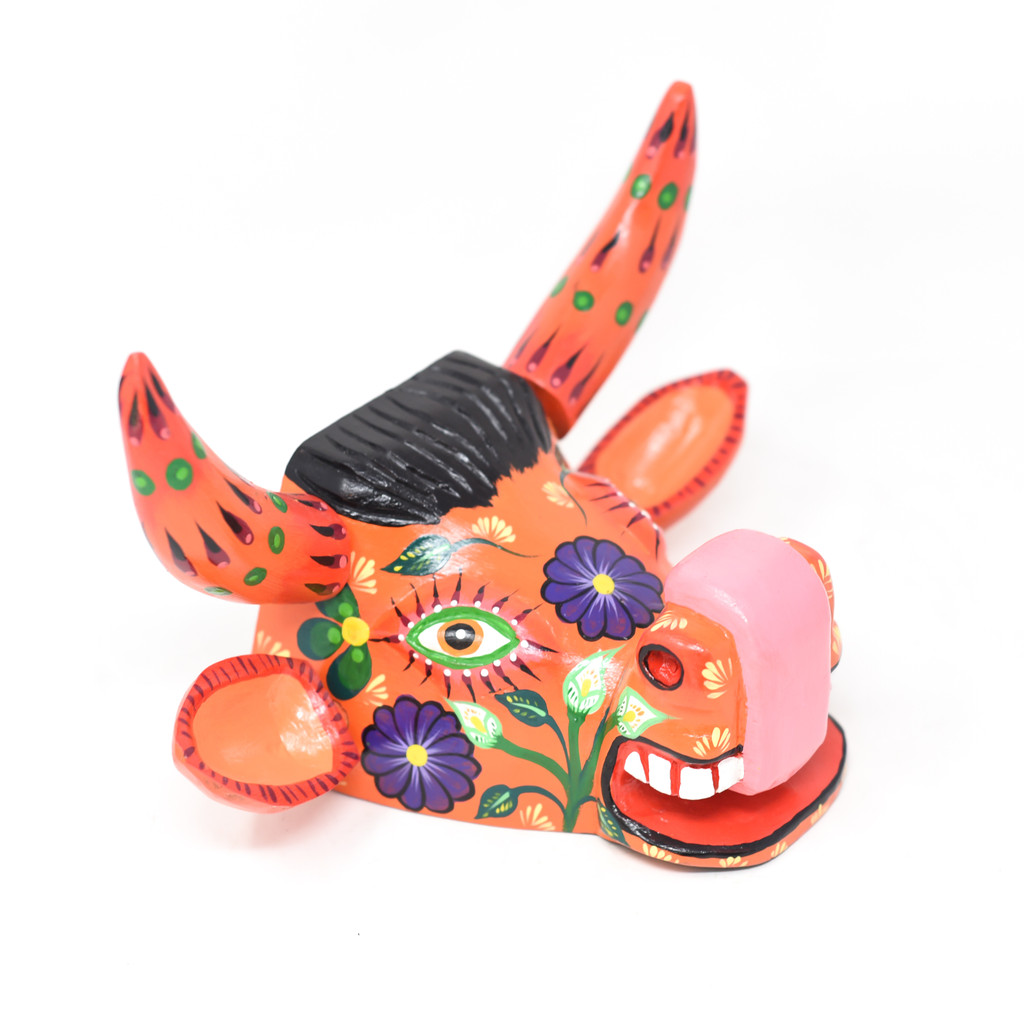 Bull Mask Orange Floral, Hand Carved in Guatemala, By Artist Rodrigo Canil  10" x 5" x 6"