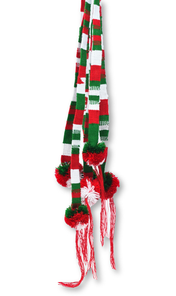 Hatband with Pom Poms, Set of 3 Red, Green, White Graduation Tassel, Spirit Wear, College Colors, Handmade Textiles from Guatemala 1 X 43 inches