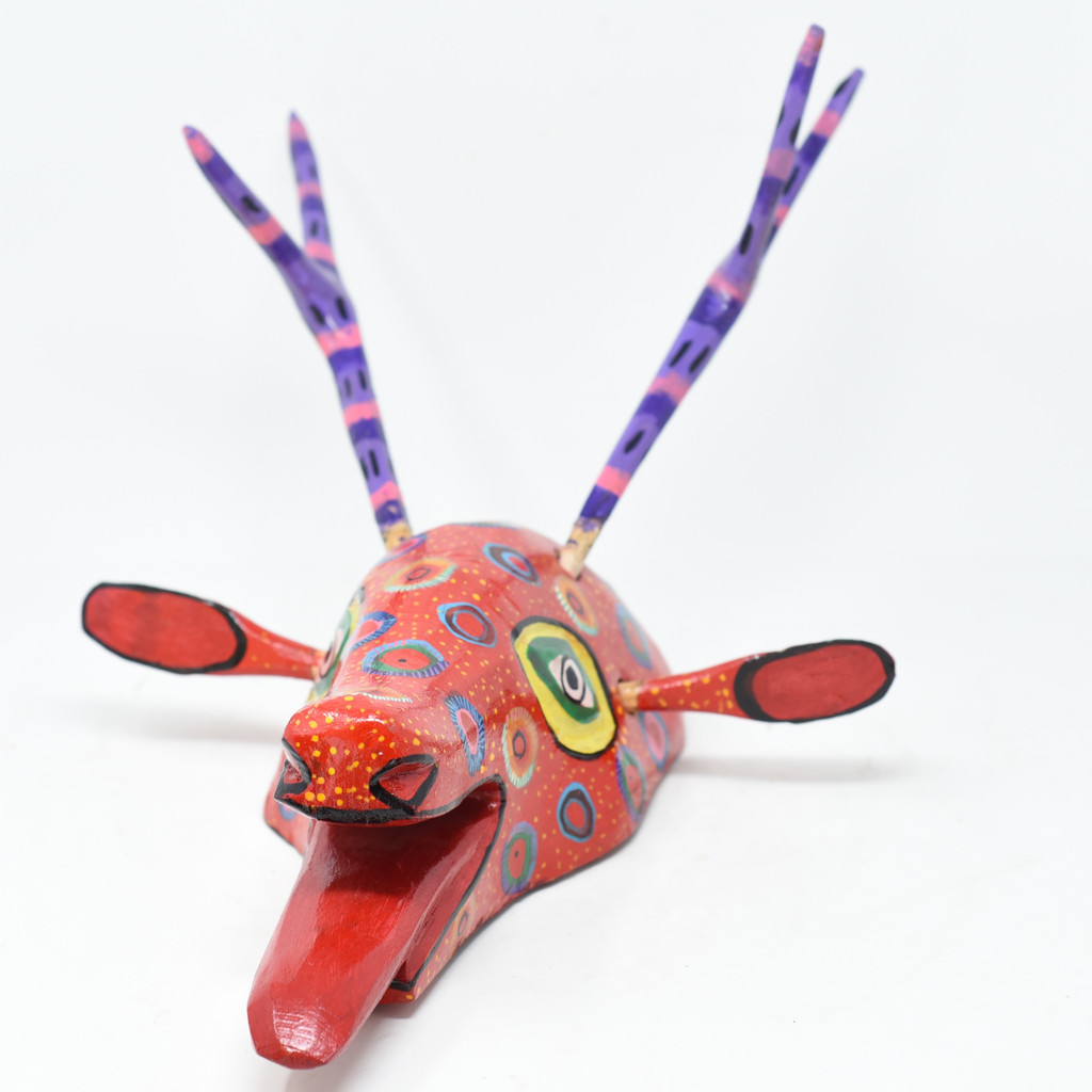 Deer, Red Colorful Whimsical Dance Mask, Hand Carved Wood Guatemala 19" x 11" x 12"