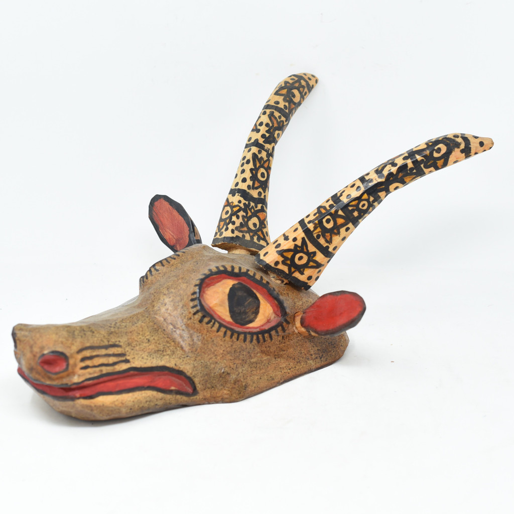 Deer, Earth tone,  Whimsical Dance Mask, Hand Carved Wood Guatemala 19" x 15" x 9"