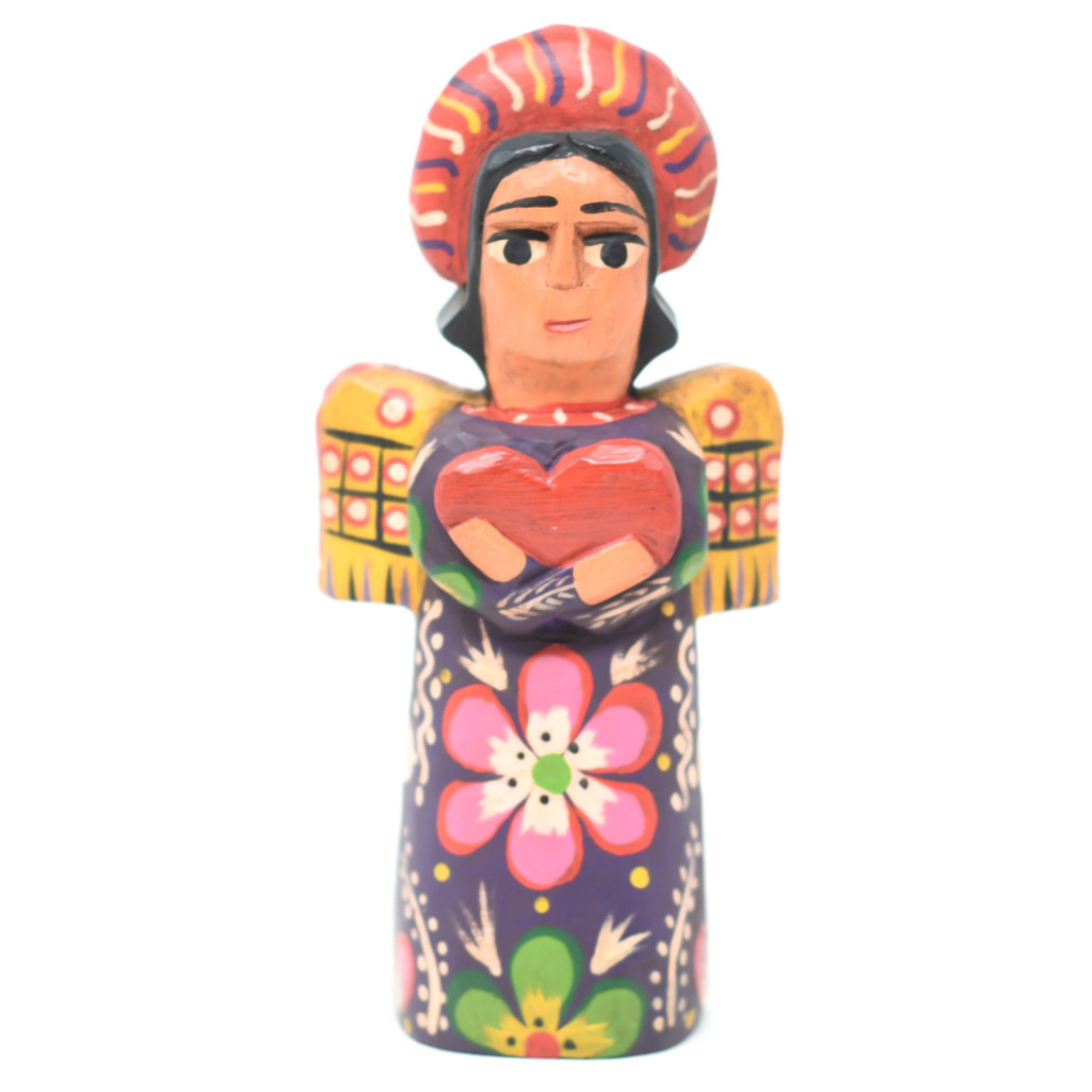 Mayan Arts Small Decorative Wooden Angels, Religious Gift Icons, Blessed Home Statues, Multi Color Painted with Flowers and Hearts, Handmade in Guatemala 5" x 2.75" x 1.5" (pURPLE)