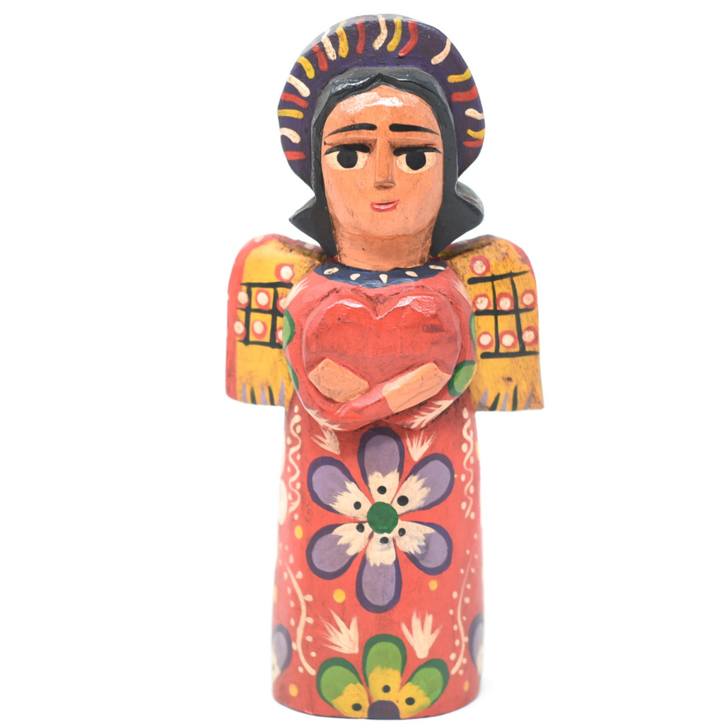 Mayan Arts Small Decorative Wooden Angels, Religious Gift Icons, Blessed Home Statues, Multi Color Painted with Flowers and Hearts, Handmade in Guatemala 5" x 2.75" x 1.5" (Green)