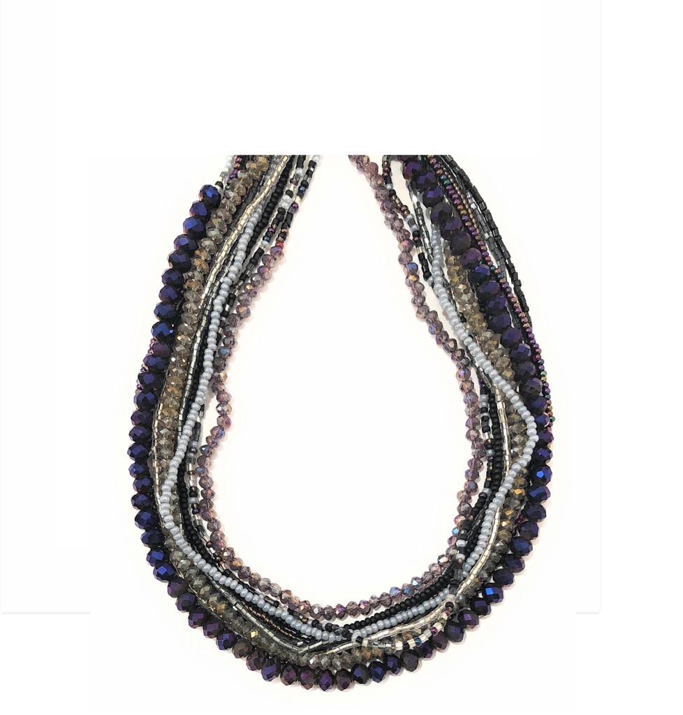 Necklace Silver Purple, and Black, Multi Color Sparkly Beads, Handmade Women's Jewelry, Multi Strand Magnetic Clasps, (Blue)