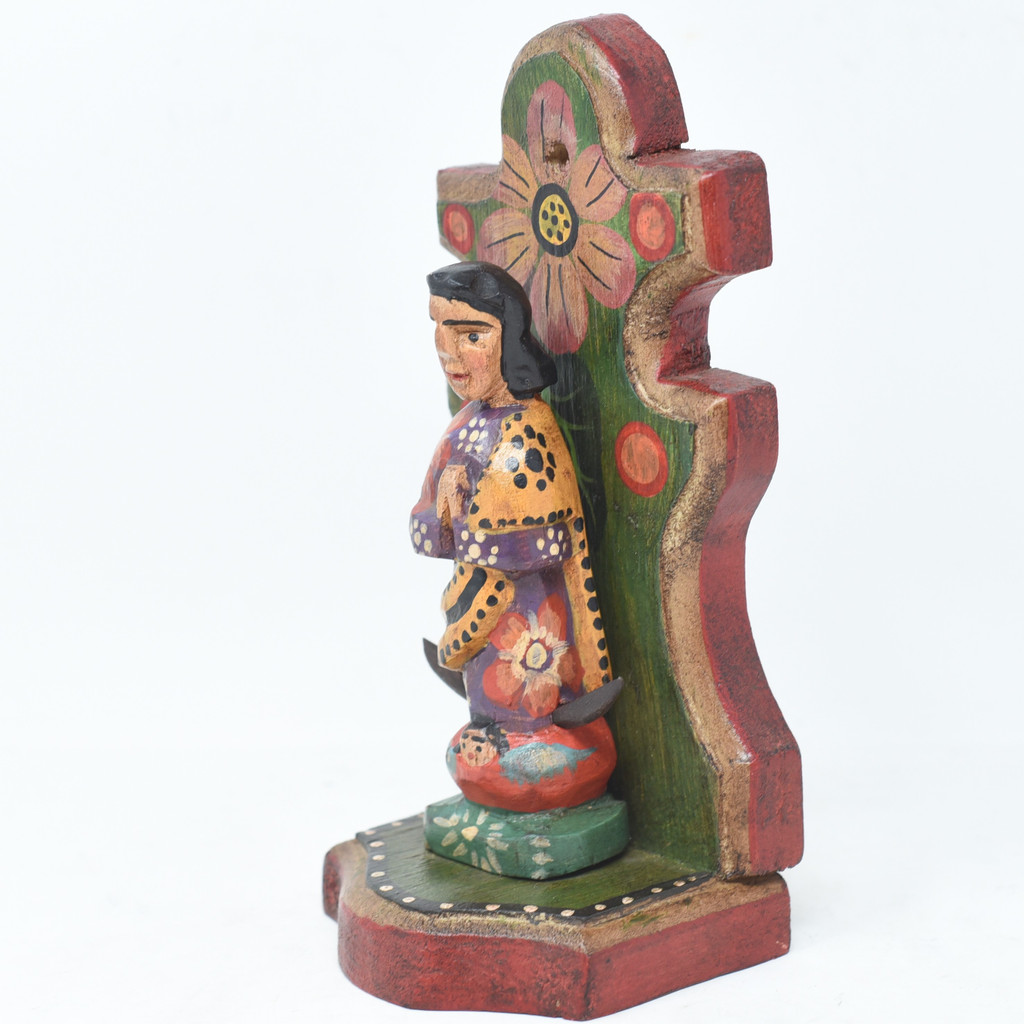 Our Lady of Guadalupe with Folded Hands and Crescent Moon, Virgin Mary, Artisan Crafted Wooden Saints 3.5" x 3" x 7.5" Black