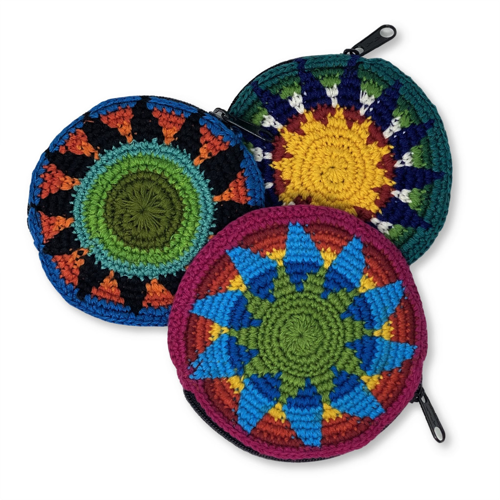 Round Crochet Colorful Coin Purse, Guatemala 4" x 4" (set of 3)