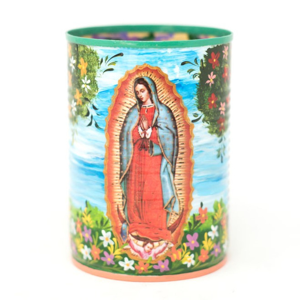 Hand Painted Upcycled Tin Can Pencil Holder with Our Lady of Guadalupe & Garden of Eden one of a kind art 3" x 4"