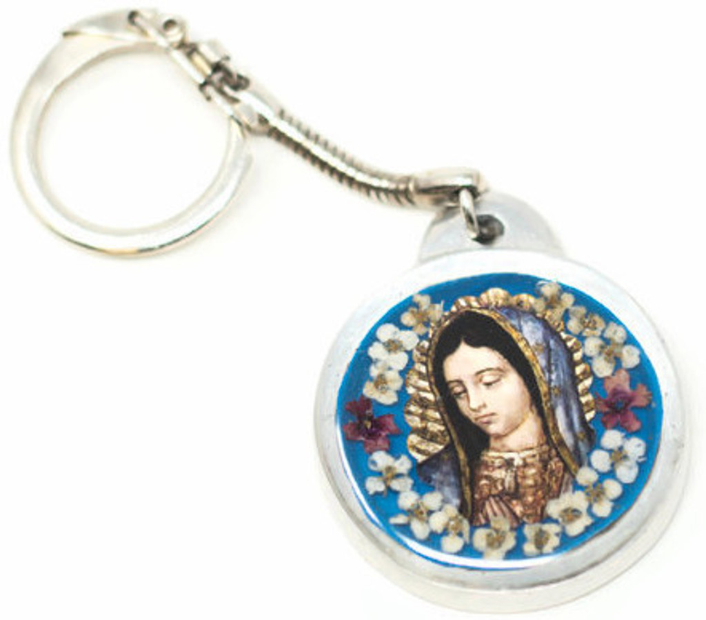Virgin, Our Lady of Guadalupe, Key Chain, Pewter with Dried Flowers,  2" x 1" Folk Art