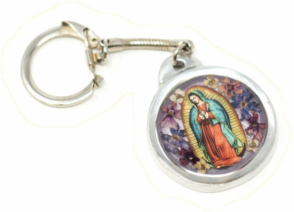 Virgin, Our Lady of Guadalupe, Key Chain, Pewter with Dried Flowers,  2" x 1" Folk Art