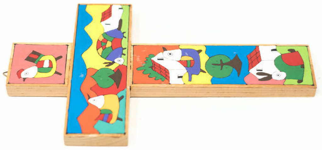 Wooden Hand Painted Folk Art Cross from La Palma El Salvador, Naive Style Primitive Art 7" x 12" x .5" Folk Art 90