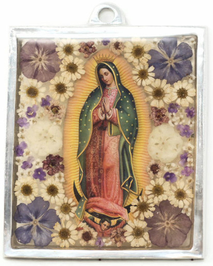 The Virgin, Our Lady of Guadalupe, Plaque with real dried Flowers encased in Resin with a Pewter Frame 4" x 4.75" x .5" Folk Art