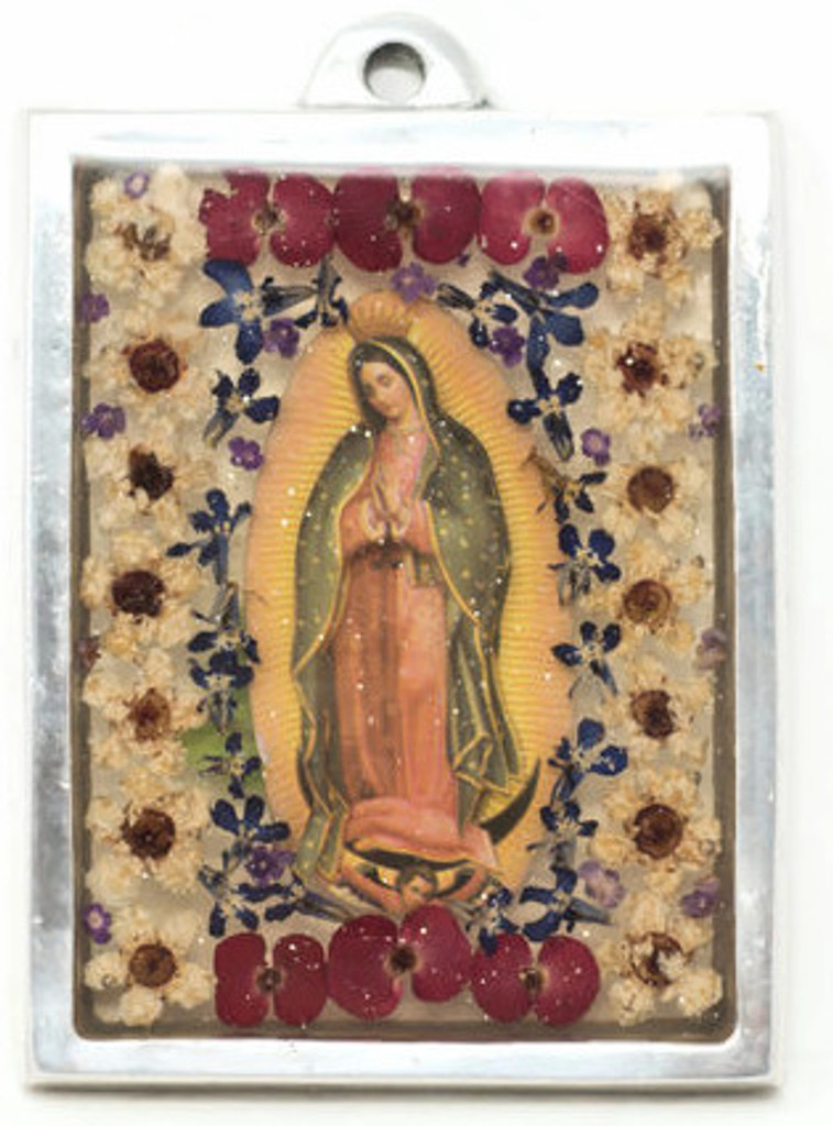 The Virgin, Our Lady of Guadalupe, Plaque with real dried Flowers encased in Resin with a Pewter Frame 3" x 4" x .5" Folk Art