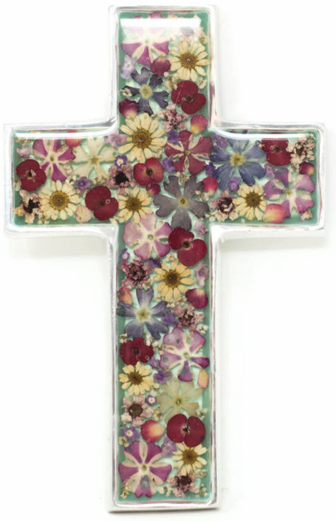 Cross with Real Dried Flowers encased in Resin with a Pewter Frame 4" x 6.5" x .5" Folk Art