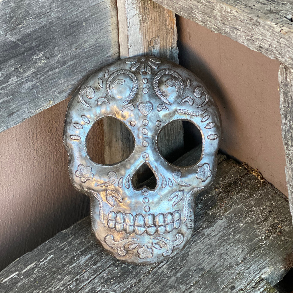 Sugar Skull Metal Wall Hanging Plaque, Handmade in Haiti from Recycled Steel Barrels 6 x 10 Inche