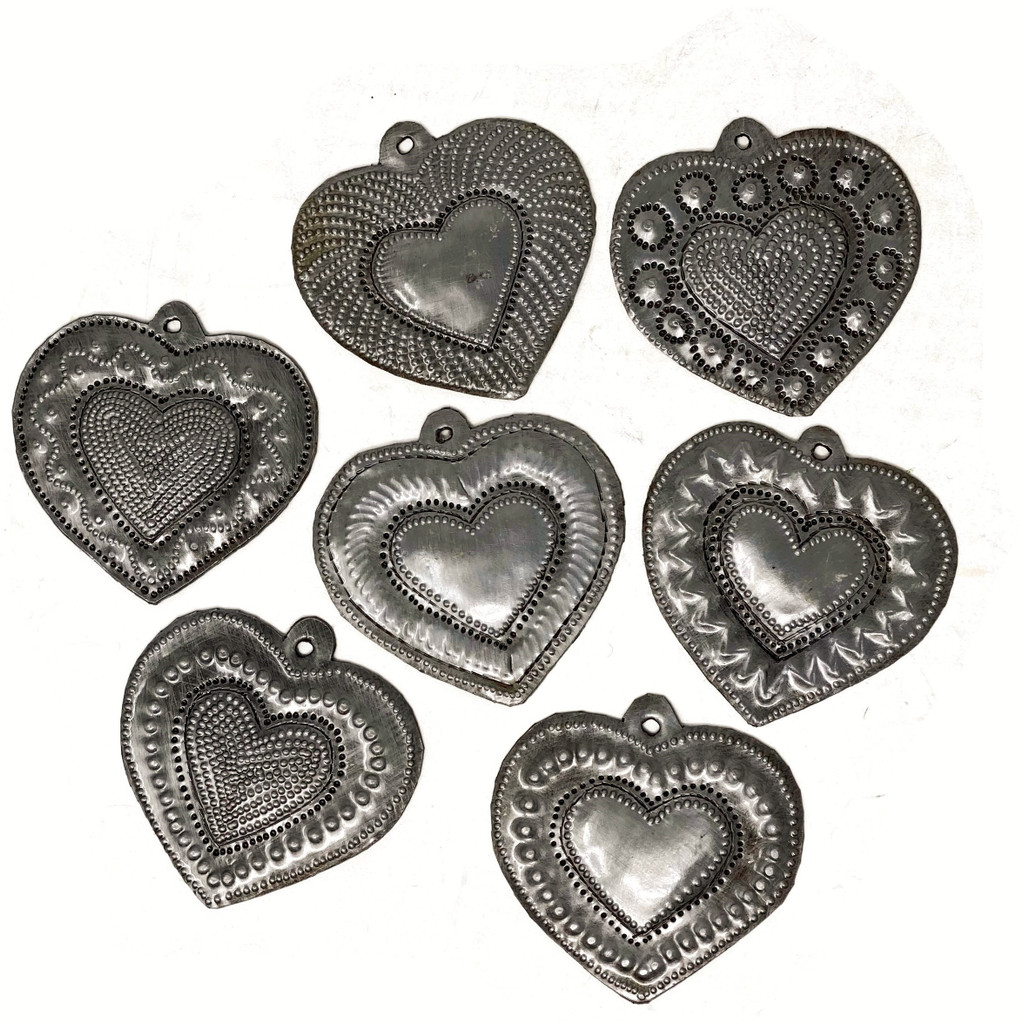 Spread the Love, Share Hearts, Hope for Peace, Set of 7 Handmade Hearts Recycled Hand Pounded Steel 2.5" x 2.5"