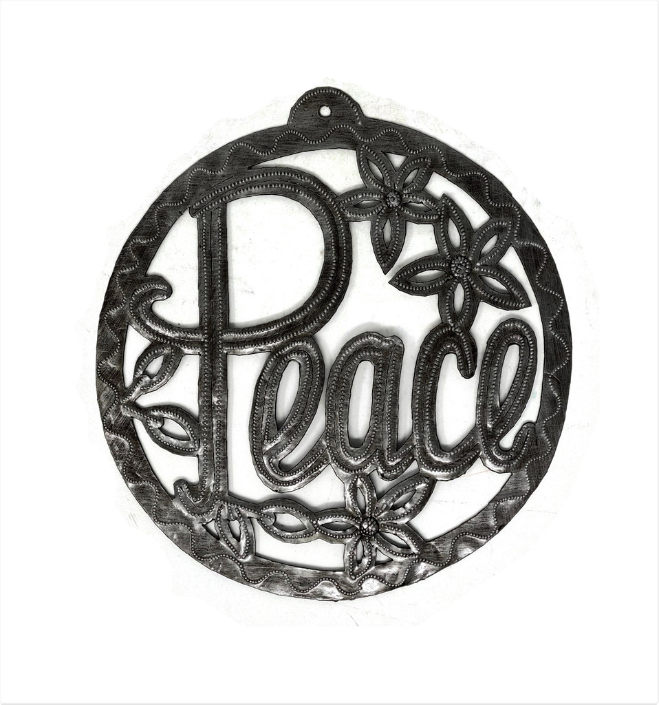 PEACE, Metal Sign, Wall Hanging Plaque, Decorative Ornament Handmade in Haiti 7.5 X 7.5 Inches