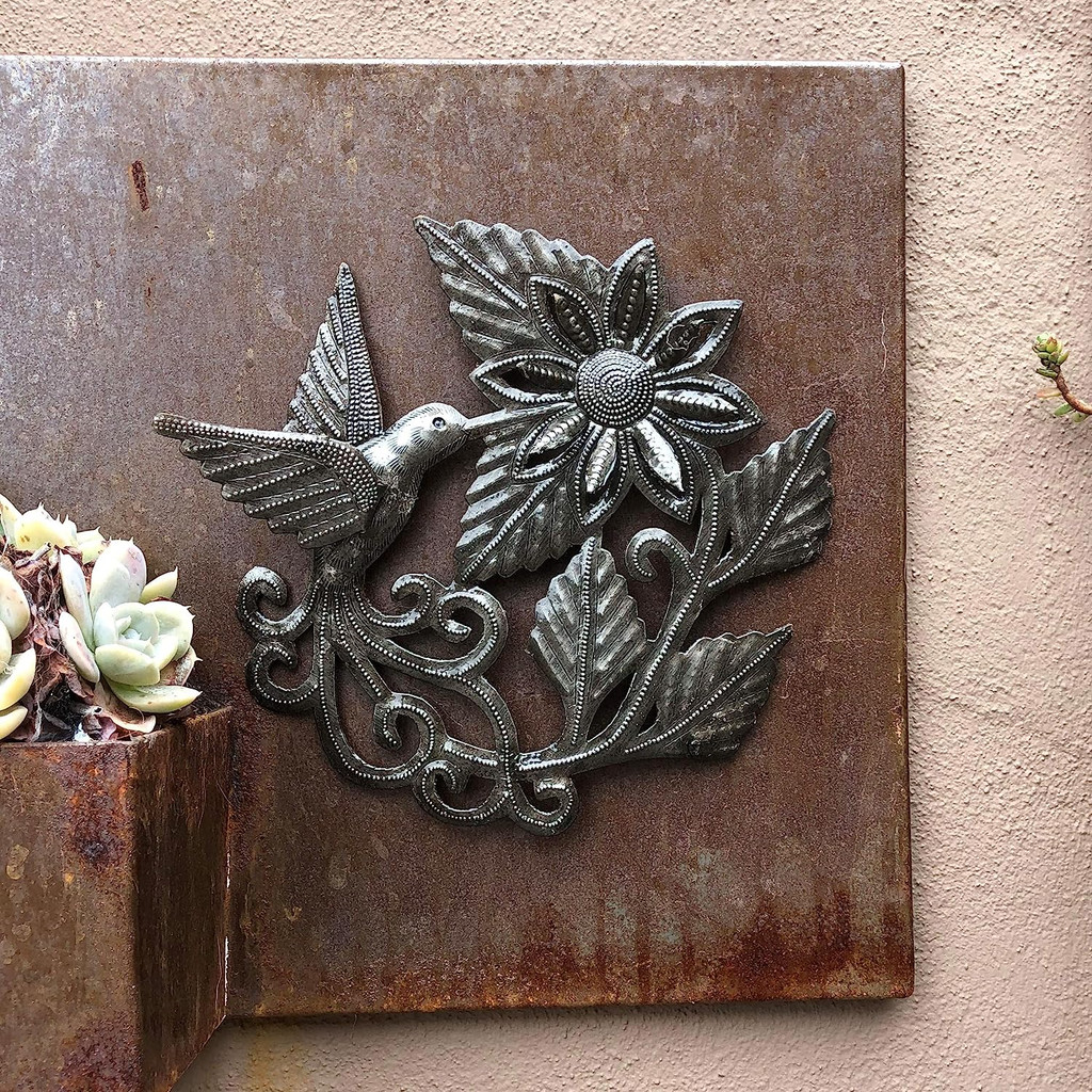 Hummingbird, Spring Garden Metal, Haitian Metal Wall Art, Summer Outdoor Decor, Recycled Oil Drum 7 x 8 Inches