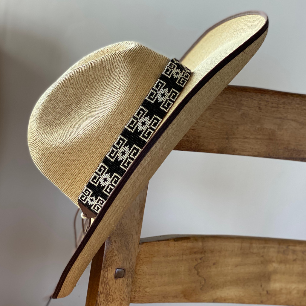 Beaded Western Style Hat Band, 1 Inch Wide Hatband, Hat Accessory, Leather Ties, Mayan Design, Handmade in Guatemala, Hatband 40