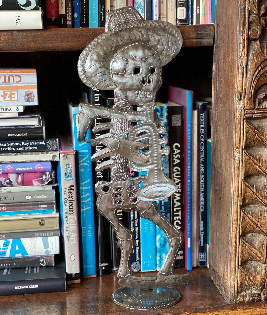 Mariachi Trumpet Player, Day of the Dead Skeleton, Free standing, Recycled Metal Sculptures from Haiti, 17 x 8 x 4 Inches