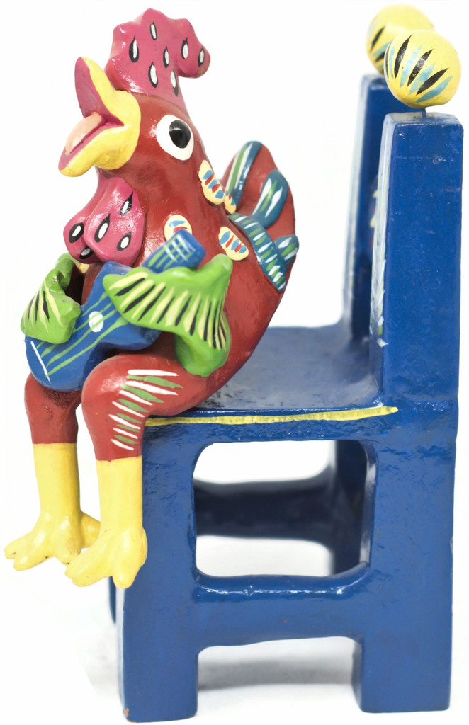 Gerardo Ortega - Mexican Folk Art, Rooster on Chair Playing a Guitar, 9" x 3.5" x 4" Ortega 43