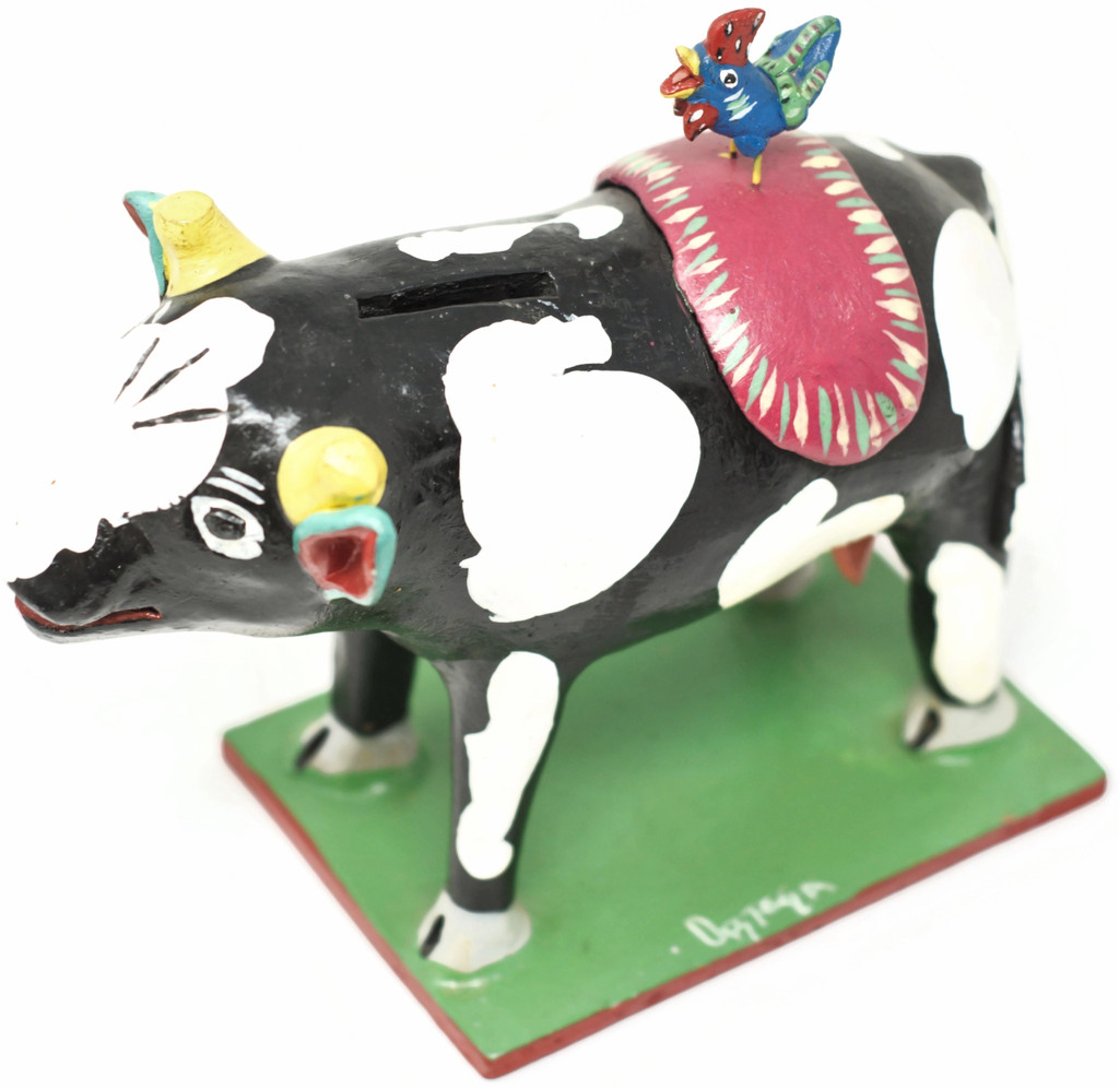 Rooster on a Cow Piggy Bank, One of a Kind, Handmade in Mexico, Ortega Family, 9" x 8.5" x 3" (Ortega 87)