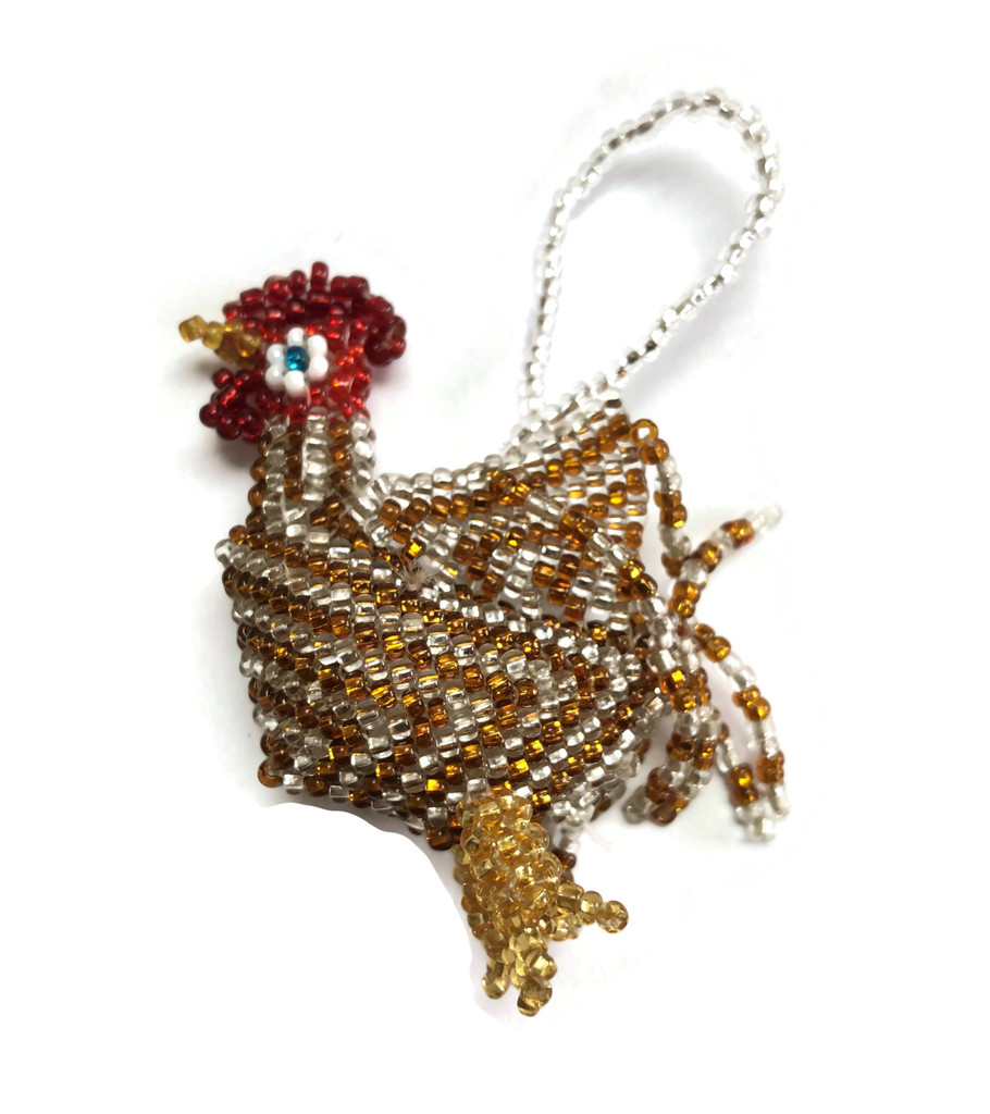 Small Rooster, Beaded Figurine, Gold, Handmade, Key Ring Key Chain Accessory, Christmas Ornaments